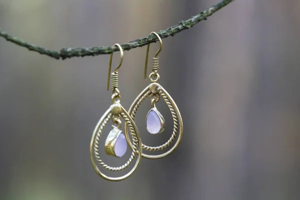 Elegant Brass Earrings Beautiful Gemstone Forest Branch — Stock Photo, Image