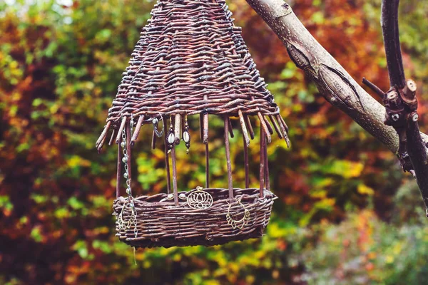 Outdoor Closeup Handmade Wicker Bird Feeder Sunflower Seed Jewelry — Stock Photo, Image