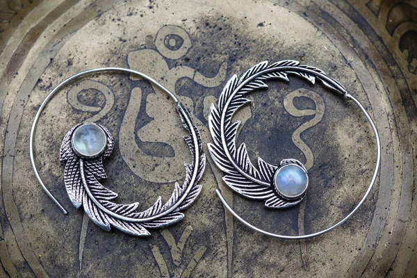 Silver Metal Spiral Boho Earrings Moon Stone — Stock Photo, Image