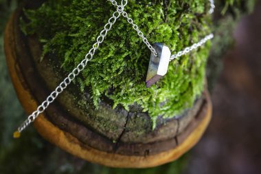 Gümüş zincire elektroşok verilmiş kristal kuvars yosunlu poliporaya yerleştirilmiş.