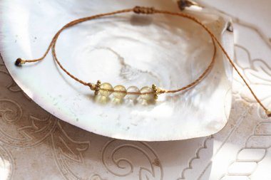 Citrine Mücevher, doğal kabuk arka planında küçük zarif bilezikler.