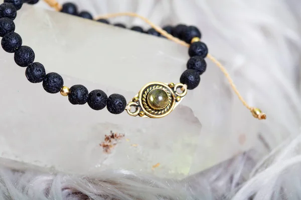 Lava Stone Beads Labradorite Brass Pendant Bracelet Neutral Natural Background — Stock Photo, Image