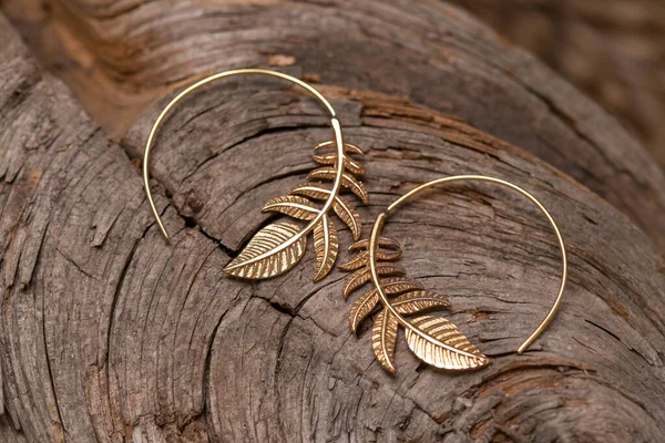 Ornamental Brass Metal Earrings Natural Background Stock-billede