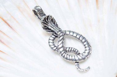 Kobra şeklinde doğal arka planda pirinç metal kolye