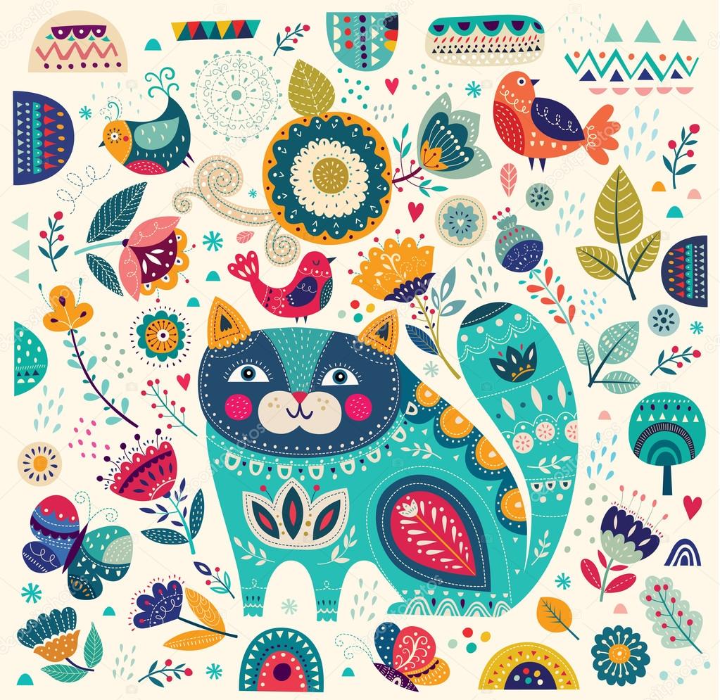 illustration with cat, butterflies, birds and flowers