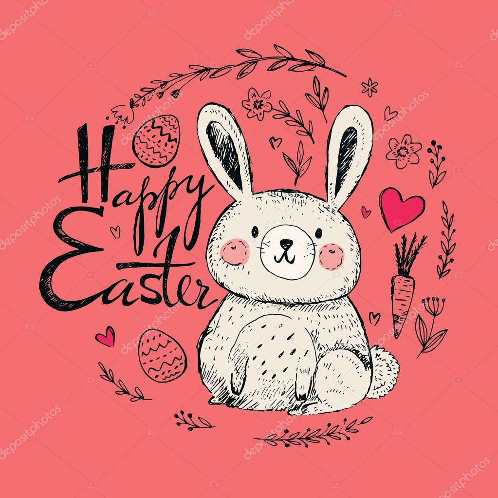 Vector hand drawn illustration with funny little bunny. Happy Easter greeting card with bunny, eggs and flowers
