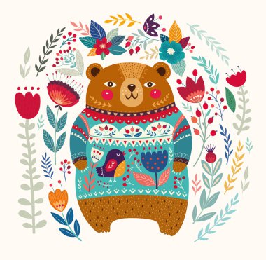 Sevimli ayı ile çiçek desenli