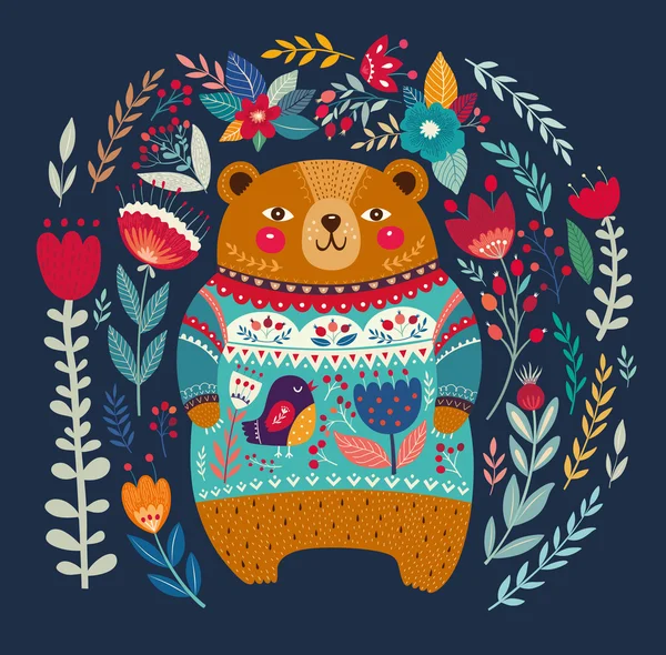 Floral pattern with adorable bear — Stock Vector