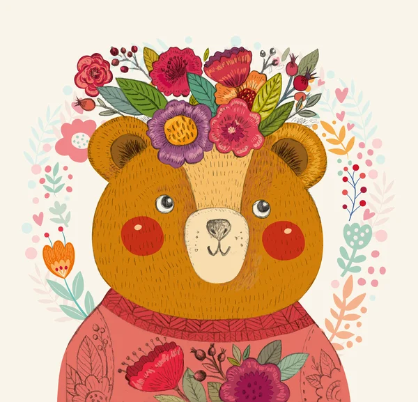 Floral pattern with adorable bear — Stock Vector
