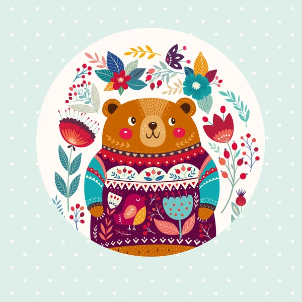 Motif floral avec ours adorable — Image vectorielle