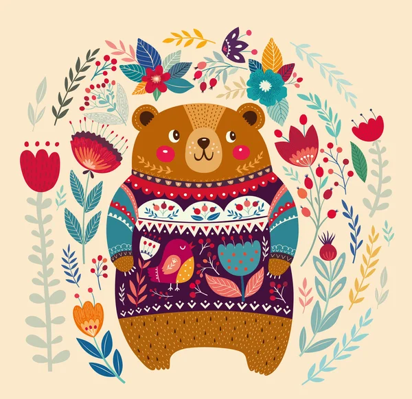 Цветочный узор с очаровательным медведем — стоковый вектор
