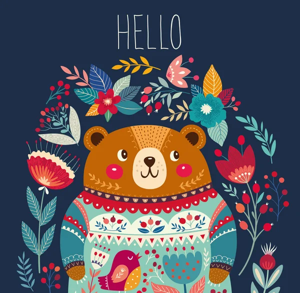 Цветочный узор с очаровательным медведем — стоковый вектор
