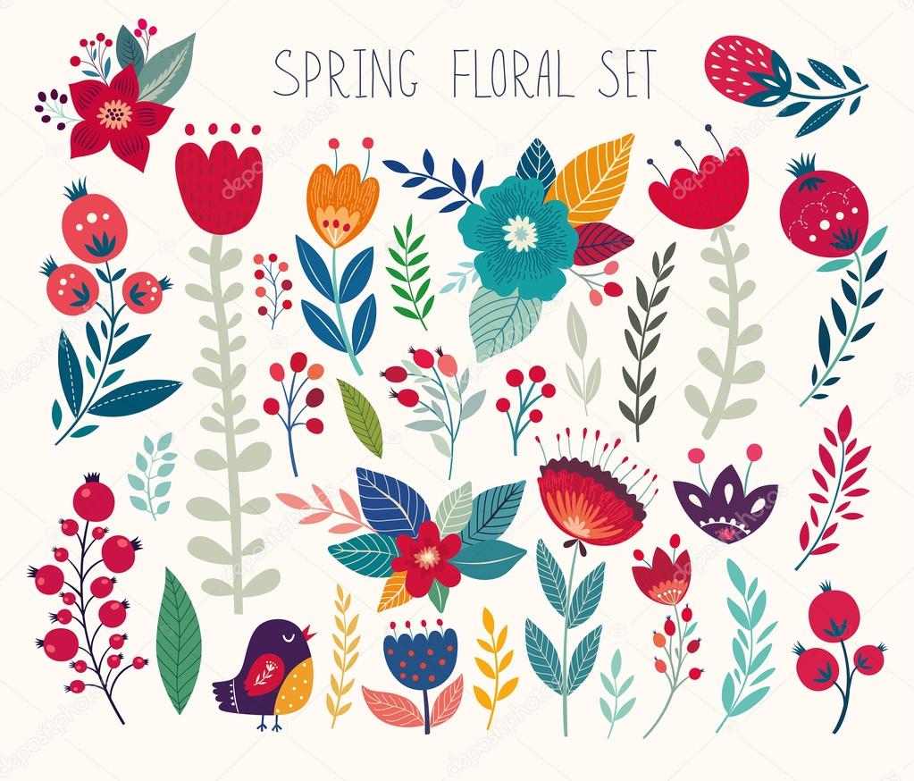 Beautiful vector collection with flowers and leaves. Spring art print with botanical elements