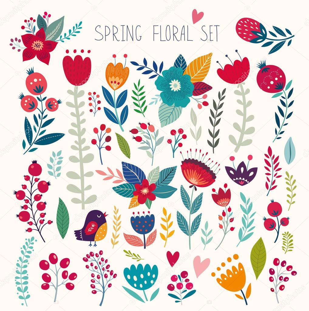 Beautiful vector collection with flowers and leaves. Spring art print with botanical elements