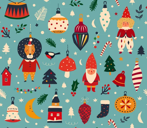可愛い漫画の雪だるまとクリスマスシームレスパターン — ストックベクタ