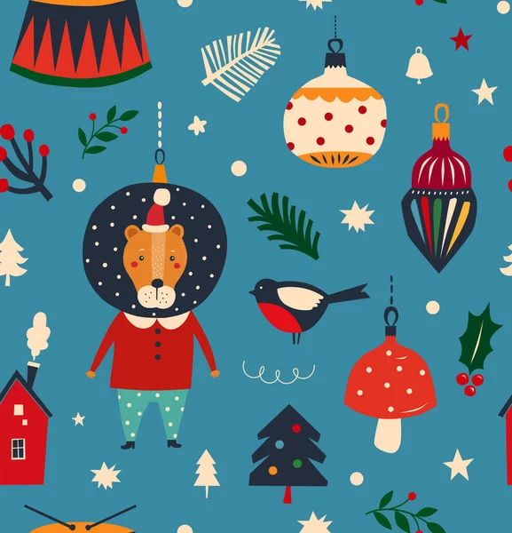Patrón Inconsútil Navidad Con Lindos Ciervos Dibujos Animados Ramas Abeto — Vector de stock