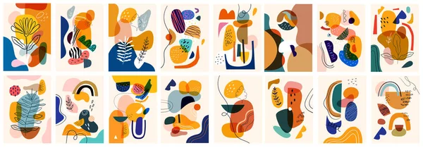 Decoratieve Abstracte Posters Collectie Met Abstracte Vormen Kleurrijke Krabbels Handgetekende — Stockvector