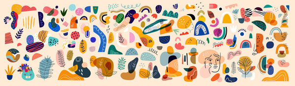 Decorative abstract collection with abstract shapes colourful doodles. Hand-drawn modern shapes