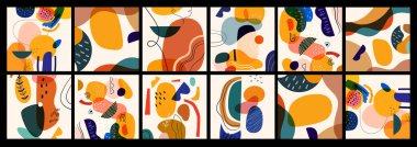 Soyut şekilleri ve renkli karalamaları olan dekoratif soyut şablon koleksiyonu. El yapımı modern şekiller.