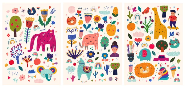 Baby Posters Collection Baby Animals Pattern Vector Illustration Cute Animals — Stock Vector