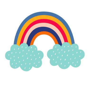 Bulutlu dekoratif soyut gökkuşağı. El çizimi modern vektör çizimi. Renkli, taze yaz dekoratif koleksiyonu