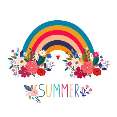 Çiçekli dekoratif soyut gökkuşağı. El çizimi modern vektör çizimi. Renkli, taze yaz dekoratif koleksiyonu