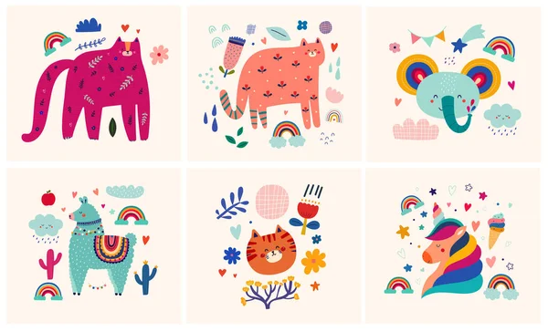 Collezione Carte Bambini Modello Animali Piccoli Illustrazione Vettoriale Con Simpatici — Vettoriale Stock