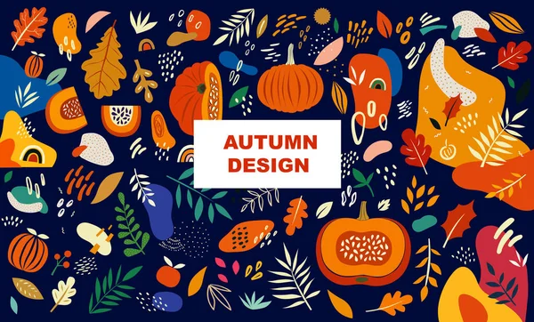 Luminoso Design Autunnale Con Zucche Foglie Forme Astratte — Vettoriale Stock