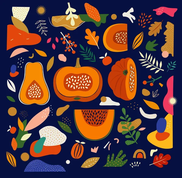 Moderna Ilustración Otoño Vector Moda Con Calabazas Hojas Formas Abstractas — Archivo Imágenes Vectoriales