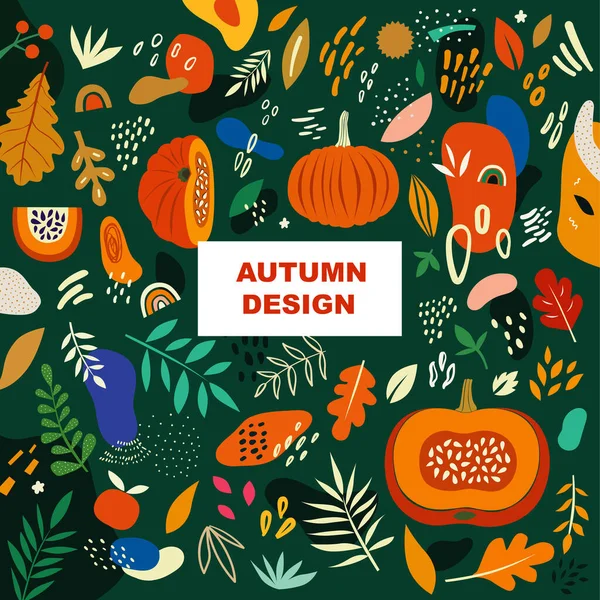 带有南瓜 树叶和抽象形状的现代流行矢量秋季插图 — 图库矢量图片