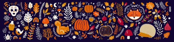 Dekorative Herbstkollektion Mit Kürbissen Blättern Tieren Und Halloween Symbolen — Stockvektor