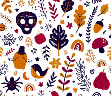 Balkabakları, yapraklar ve cadılar bayramı sembolleriyle sonbahar kusursuz desen