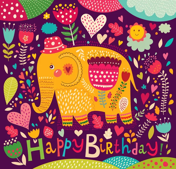 Tarjeta de cumpleaños con elefante — Archivo Imágenes Vectoriales