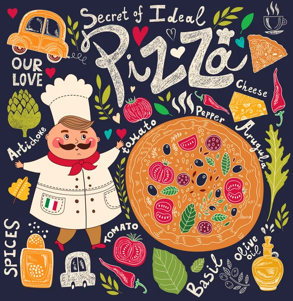 Menu design pizza avec chef — Image vectorielle