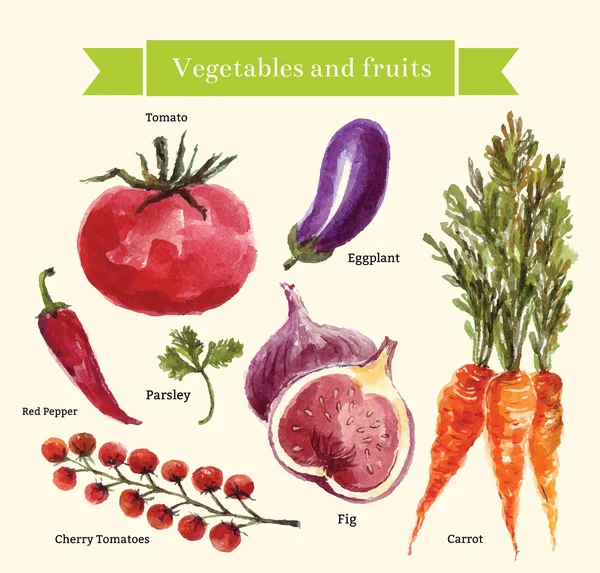 수채화 야채와 과일의 세트 — 스톡 벡터