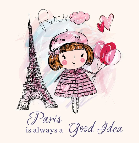 Torre Eiffel y niña — Vector de stock