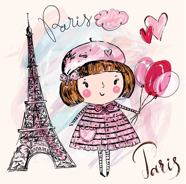 Torre Eiffel y niña — Vector de stock