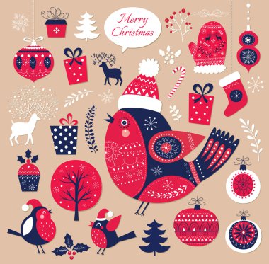 Kuşlar, hediyeler ve süslemeleri Noel kümesi