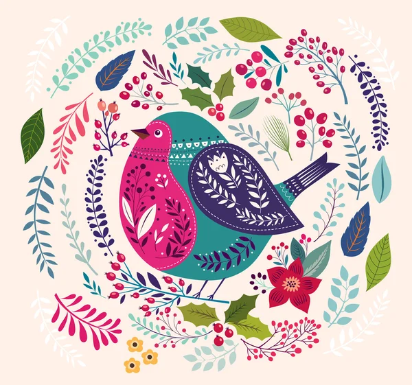 Pattern with colorful bird and plants — Stock Vector