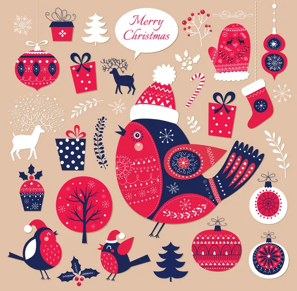 Conjunto navideño de pájaros, regalos y decoraciones — Vector de stock