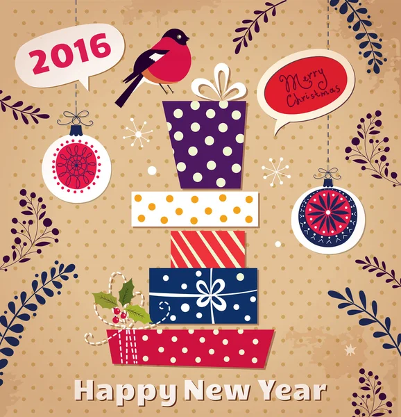 Cartão de Ano Novo com caixas de presente — Vetor de Stock