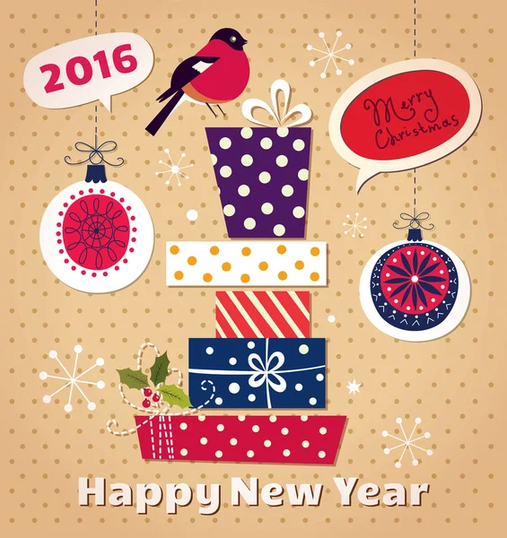 Cartão de Ano Novo com caixas de presente — Vetor de Stock