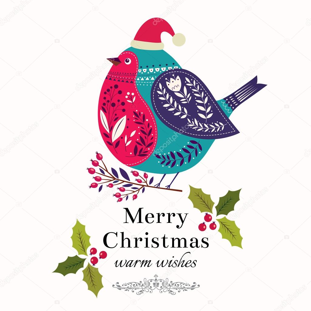 Christmas card with bird and holly berries