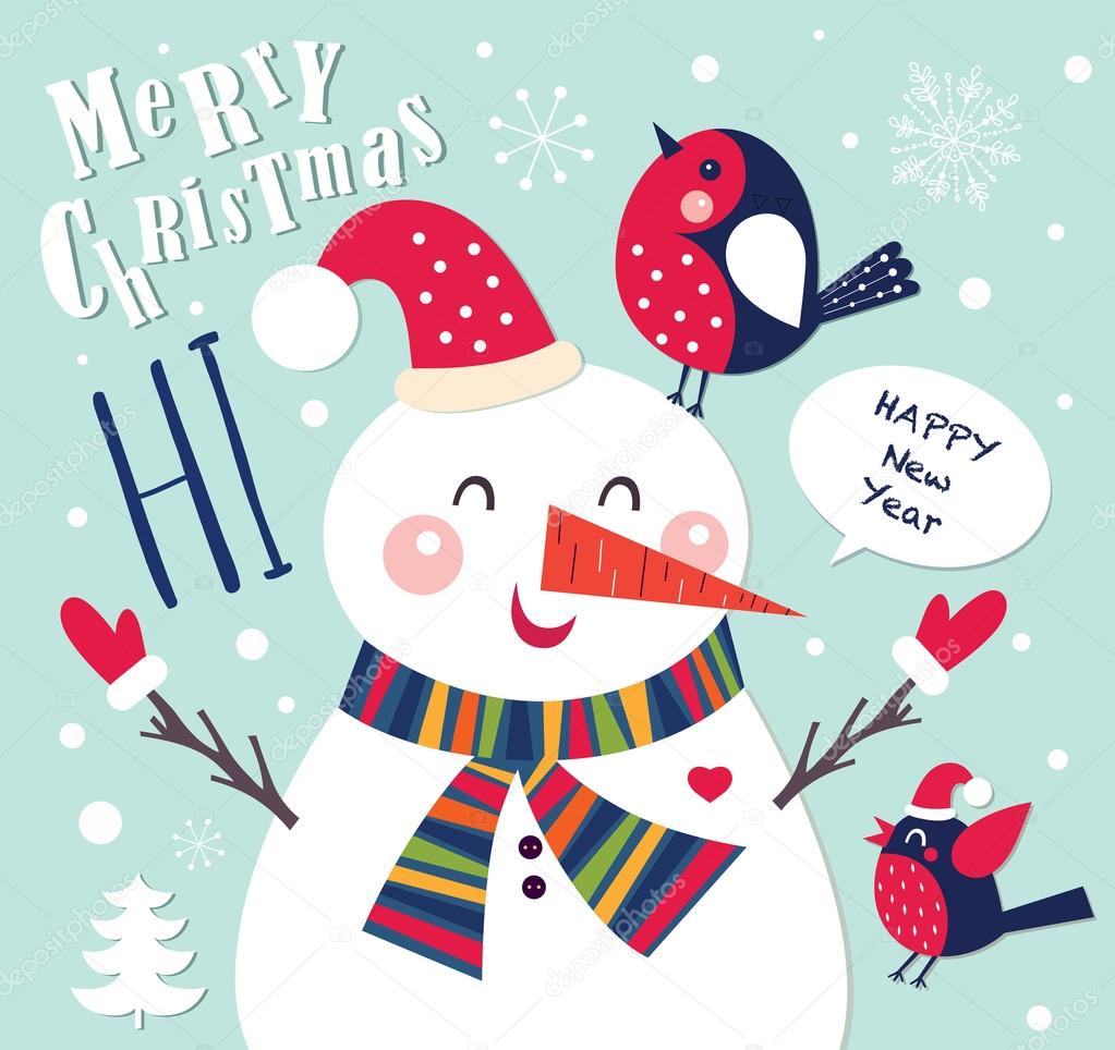 New Year greeting card with snowman