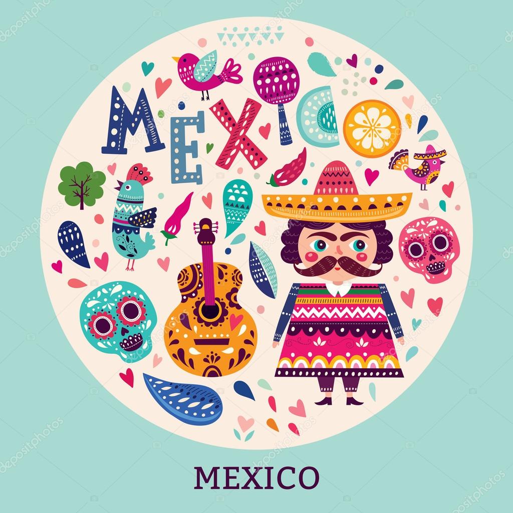 Illustrazione vettoriale colorato luminoso circa Messico Simboli del Messico cranio fiori chitarra maracas uccello Illustrazione e design originale