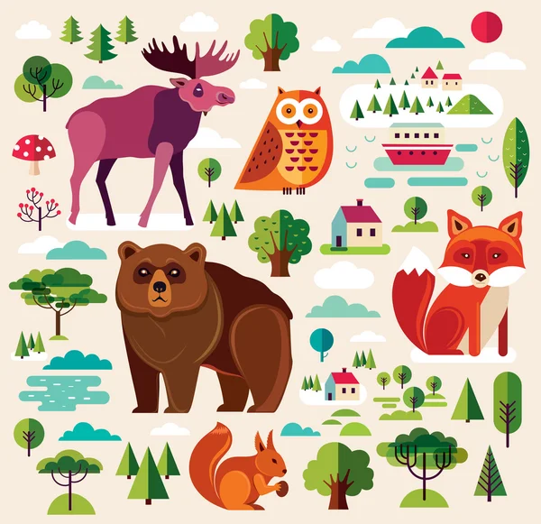 Animales y árboles forestales — Vector de stock
