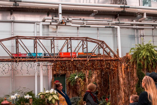 Modelo Trem Que Atravessa Uma Ponte Jardim Sazonal — Fotografia de Stock