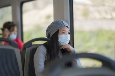 Yeni normal seyahat - genç çekici ve güzel Asyalı yüzlü Japon kadın tren vagonunda oturuyor rahat ve düşünceli bir şekilde tren yolculuğunun tadını çıkarıyor.