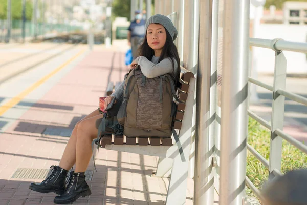 Lifestyle Portrait Young Attractive Relaxed Asian Korean Woman Sitting Bench — Stock Photo, Image