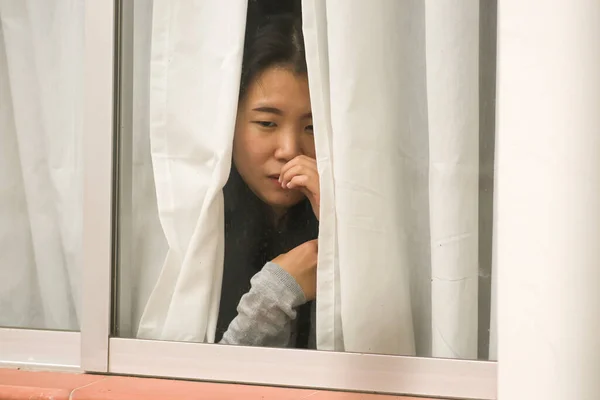 Lány Stressz Otthon Drámai Portré Fiatal Szomorú Depressziós Ázsiai Kínai — Stock Fotó